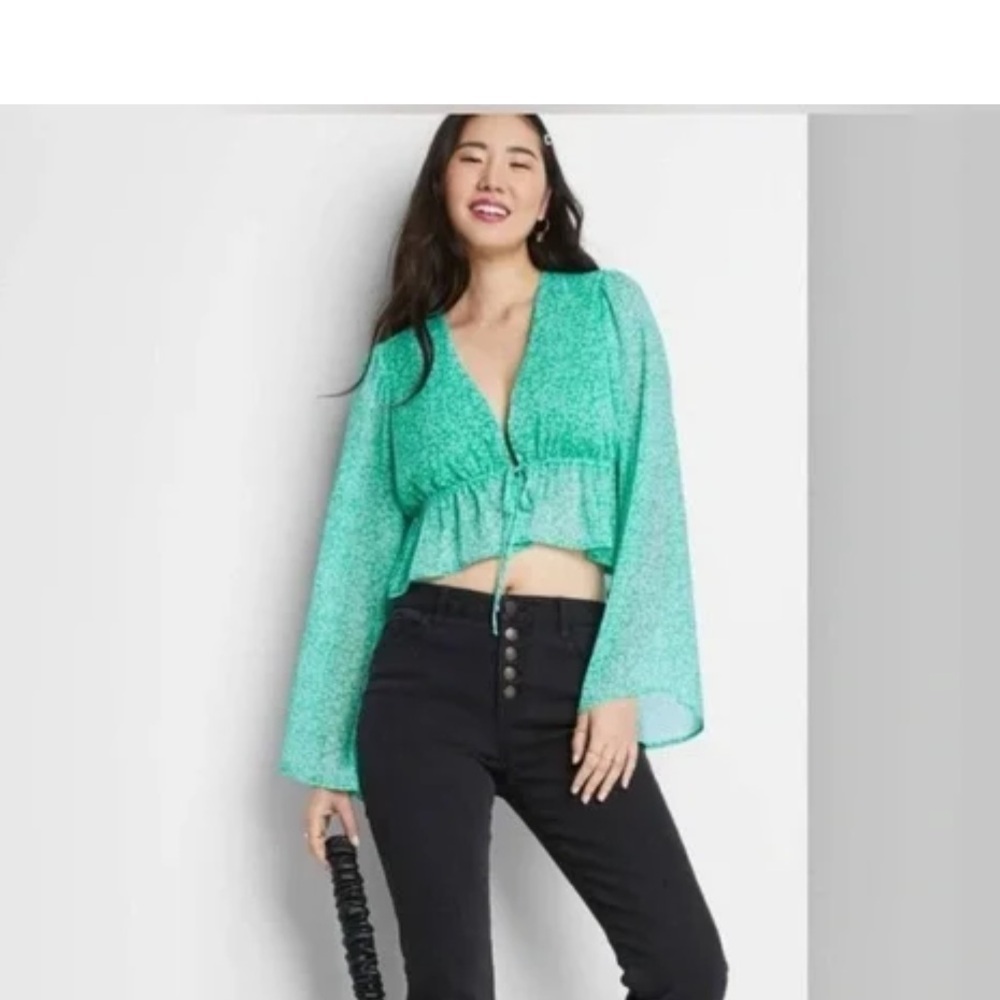 Target - Wild Fable Floral Tie Front Bell Sleeve Blouse, Green/Blue